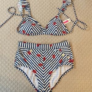 Betsy Johnson high waist ruffle bikini red white blue lips Medium